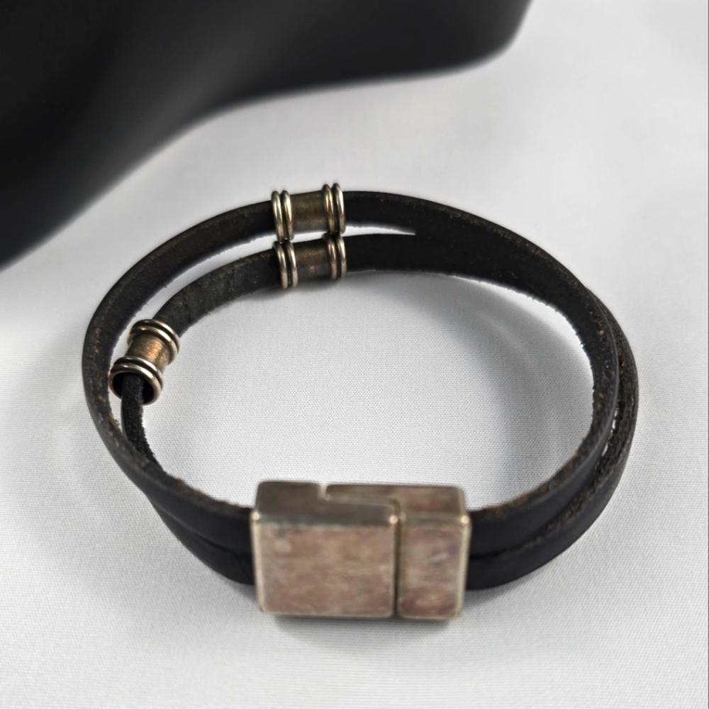 Black Leather Bracelet with Sterling Silver Clasp
